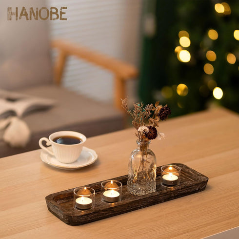 Hanobe Rustic Wood Centerpiece Tray: Decorative Tealight Candle Holders Long Farmhouse Candle Plate Wooden Table