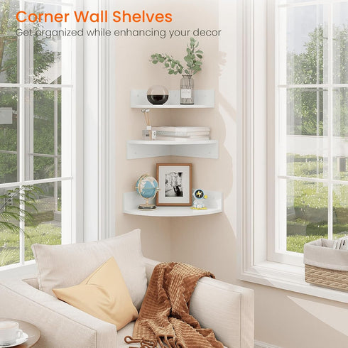 Set 3 12 Inch Homode Floating Corner Shelves, of Wood Corner Wall Shelves with Wire Hole, Deep Hanging Corner Display