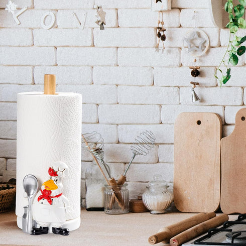 Polytree Countertop Farmhouse Rooster Chef Paper Towel Holder Stand with Decoration,Hand-Carved Wood Style for Kitchen