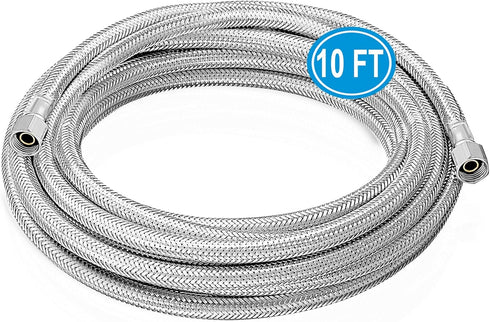 Refrigerator Water Line, 10 FT Premium Stainless Steel Braided Ice Maker Water Hose with 1/4" Fittings