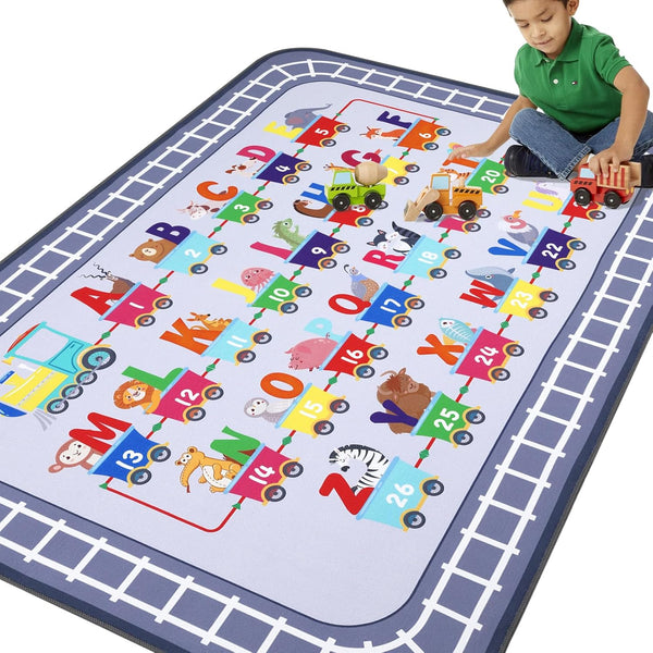 HiiARug Playroom Rug, Train and Road Kids Play Mat 5x7Ft, Non-Slip ABC