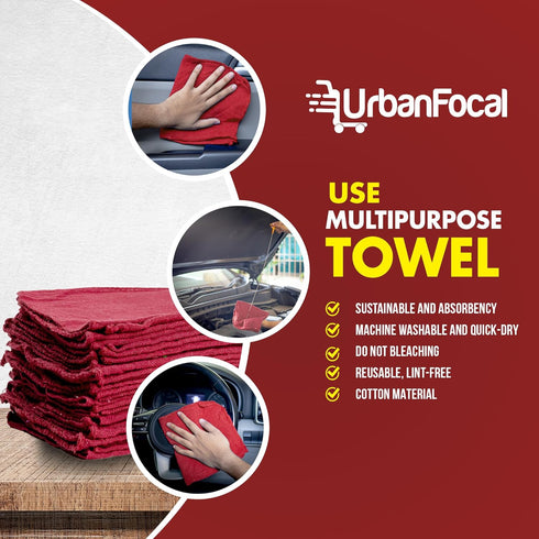 50 Pack 14 14 Shop Towels Polycotton Cleaning Cloth - Red Reusable Kitchen Towels Cleaning Highly Absorbent Lint-Free