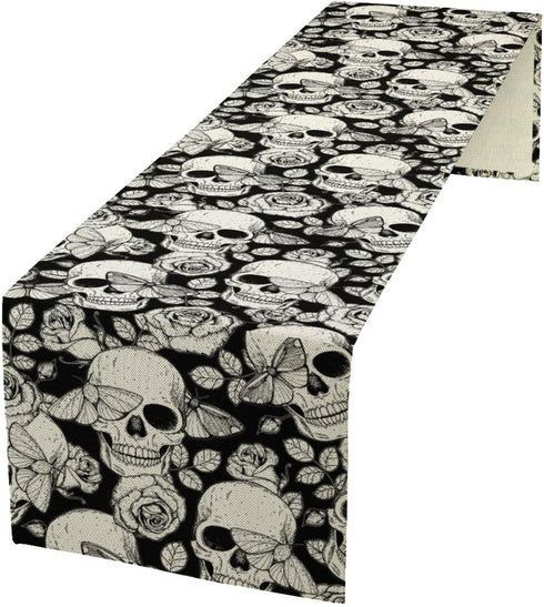 13x36 inches Gothic Table Runner White Skull Flowers Moth Pattern Table Runner Table Cloth Decoration Dresser Garden