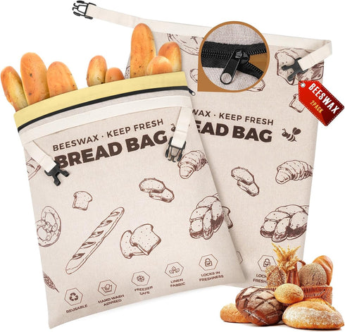 YARRAMATE Beeswax Bread Bags for Homemade Sourdough, Zipper Reusable Linen Food Storage
