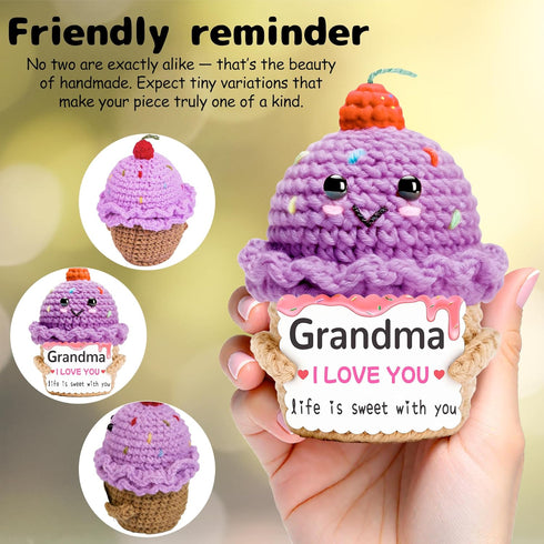 MLZTINGR Crochet Ice Cream Gift for Grandma Handmade Positive Knitted Ice Cream Doll, Sweet Birthday for Grandma from