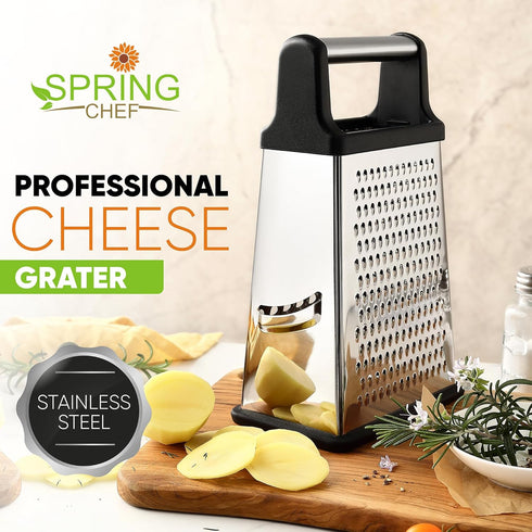 Spring Chef Professional Cheese Grater, XL Size, 4 Sides, Stainless Steel, Dishwasher Safe, Black