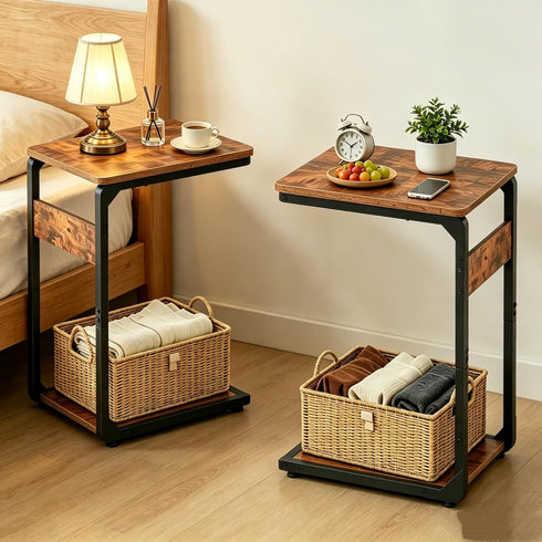 Vovonusy ET-YB-BR1 Wood Pedestal Small Sofa Side Table for Couch, Tall Nightstand, C Shaped End Table, TV Trays