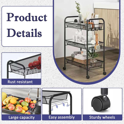 3 Tier Metal Rolling Cart with Wheels, Wire Bathroom Organizer Storage Shelves with Hooks, Utility Cart for Kitchen