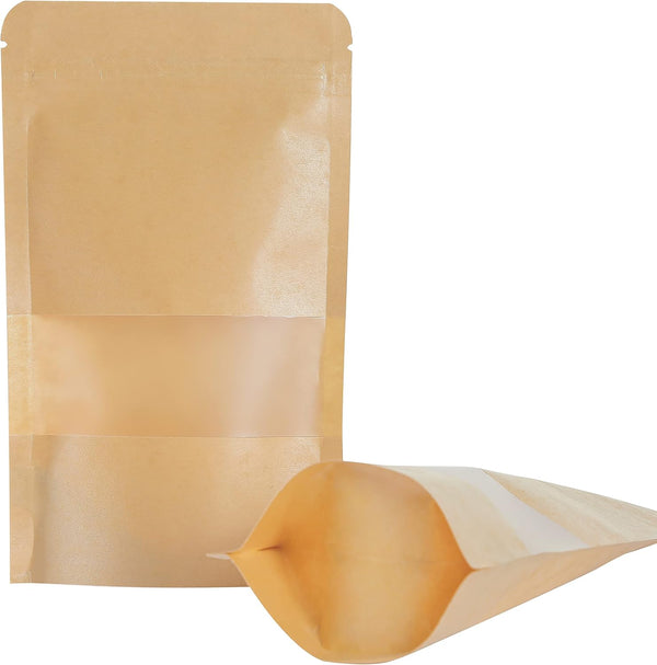 LZLPACKING Kraft Stand Up Pouches bags 100 Pcs, Brown Resealable Bags with Window for Home or Business, Zip Lock Food