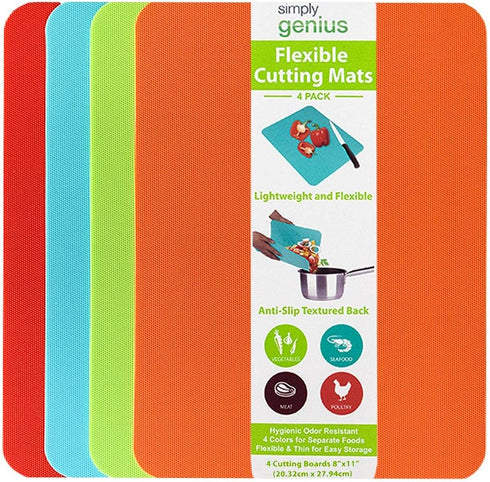 Simply Genius Color Coded Plastic Cutting Boards Set, Flexible Chopping Mats for Meat & Vegetables, Dishwasher Safe,