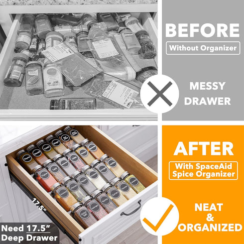 24 386 4 11.25" 17.5" SpaceAid Spice Drawer Organizer with Spice Jars, Spice Labels, Tier Seasoning Rack Tray Insert
