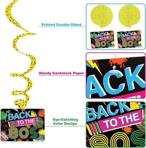 Bessmoso 28PCS 80s Party Decorations – Retro Hanging Swirls & Ceiling Streamers for 1980s Birthday