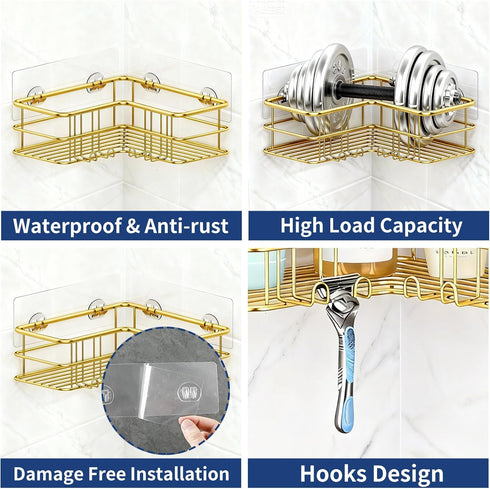 Menbyci 2 Pack 8 Corner Shower Caddy, Adhesive Bathroom Shelf with Hooks, Rustproof Stainless Steel Bathroom Organizer