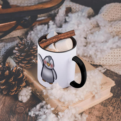 3dRose "Cute Waving Gray and White Penguin Illustration" Mug, Black/White/Gray, 11 oz