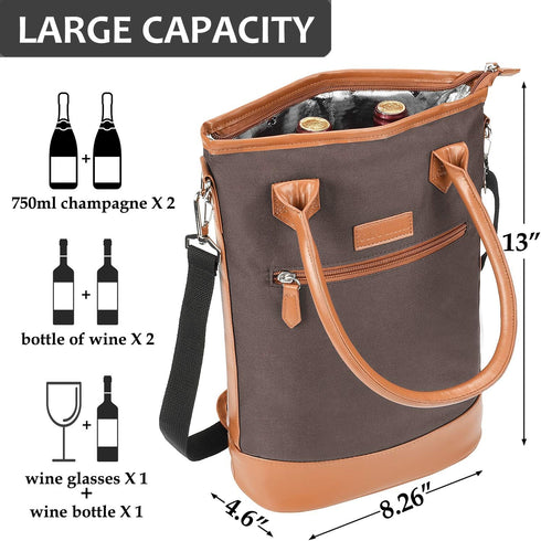 Tirrinia Insulated Wine Gift Carrier Tote - Padded 2 Bottle Wine/Champagne Cooler Bag for Portable Carrying, Gift for