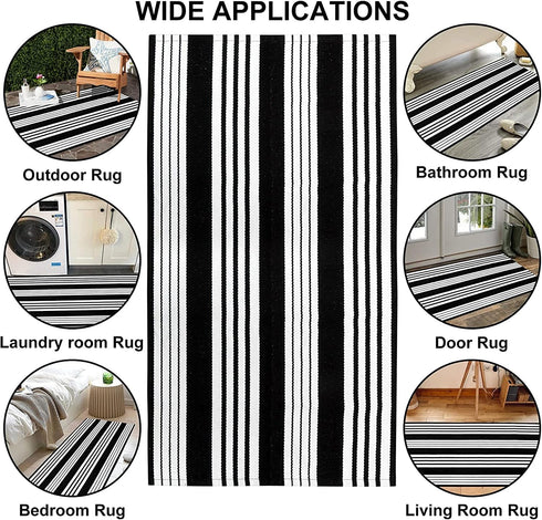 Black/White Striped Front Door Rug 2'X4.3', Cotton Hand Woven Indoor/Outdoor Entryway Rug, Machine Washable Kitchen Mat