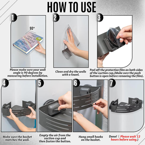 GQIRIL 2 Corner Shower Caddy Shelves - Suction Cup Shower Organizer Shelf with Hooks, Adhesive Bathroom Wall Hanging