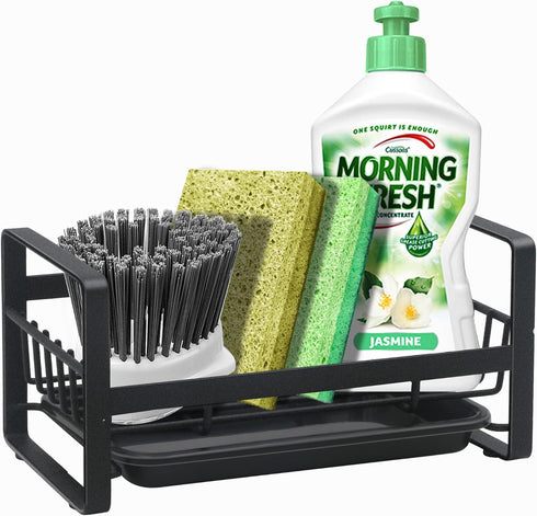 Kitchen Sink Caddy Organizer with Removable Front Drain Pan, Black Sponge Holder for Soap and Dish Rags Storage