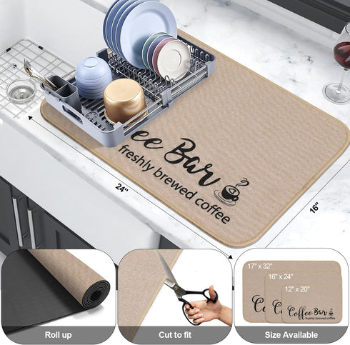 Dish Drying Mat, 16"x24" Absorbent Coffee Bar Mat for Countertops, Coffee Bar Accessories with Coffee Cup Pattern for Kitchen Counter Coffee Maker Coffee Pot Dining Room Decoration, Linen