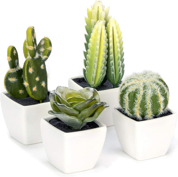 Artificial Mini Succulent & Cactus Plants, Set of 4 in White Cube-Shaped Pots for Home Decor