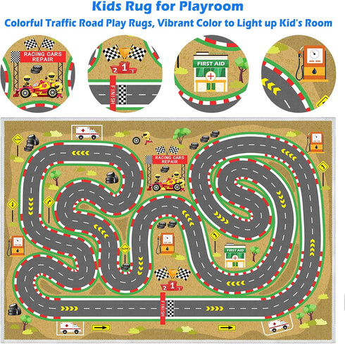 Track,3.34.9ft/3959in) Kids Car Rug, Race Track Playmat Rugs for Cars, Road Traffic Carpet for Playroom, Fun City Life