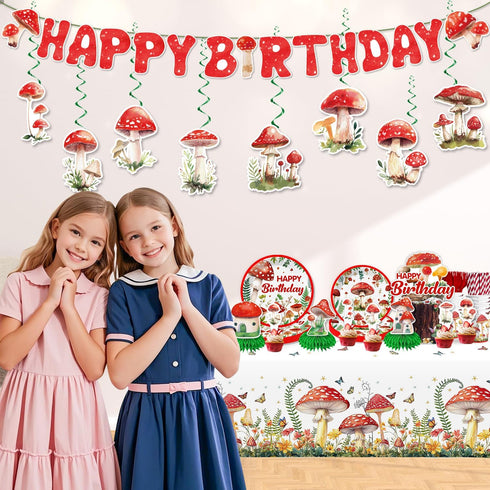 185Pcs Set, 25 cocomigo Mushroom Birthday Decorations Tableware Mushroom Birthday Decorations with Plates Napkins Cups