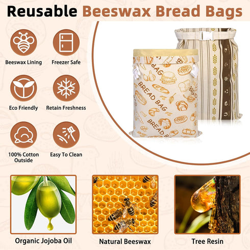 2 Pack Beeswax Bread Bags - Large Reusable Cotton Linen Food Storage Covers for Sourdough & Homemade Bread, Waxed Bags