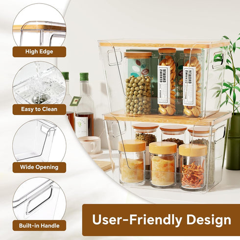 2 Set Criusia Pantry Organizers and Storage with Bamboo Lids, Stackable Clear Bins for Onion, Potato, Fruit