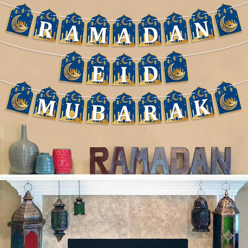 WATINC 2 in 1 Ramadan Banner Eid Mubarak Decoration, No DIY Needed Hanging Banners Decor for Home, Tree, Wall 10 Feet