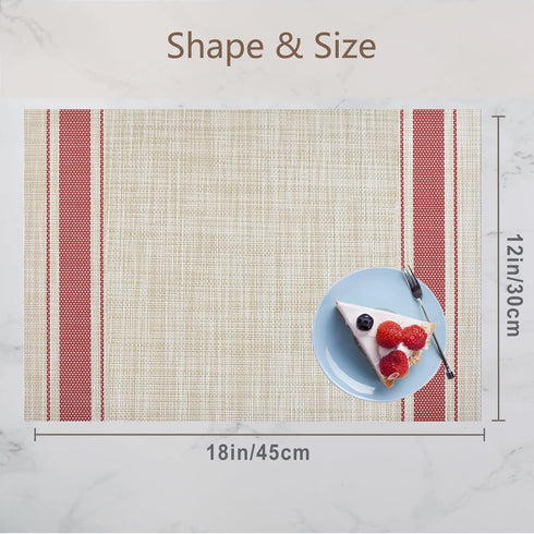 DACHUI Placemats Set of 4 - Soft & Elegant Woven Vinyl, Water Resistant, Red Stripes