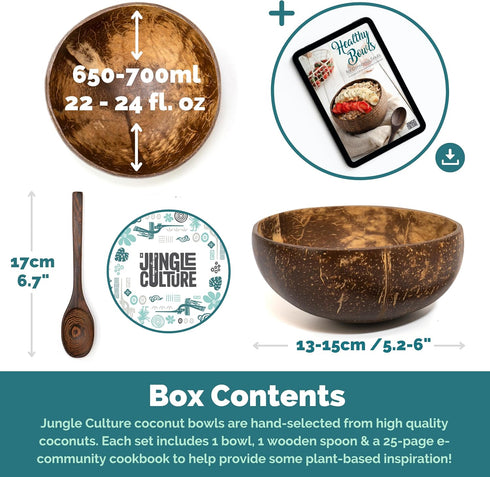 Jungle Culture Coconut Bowl & Spoon with FREE eBook, Wooden Salad Serving Bowl, Eco Friendly Vegan Gift
