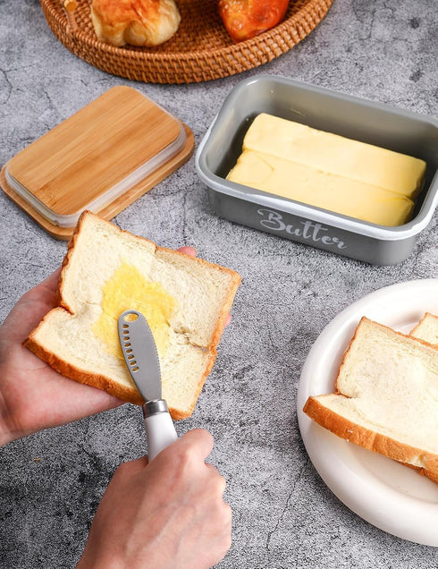 Butter Dish with Lid for Countertop, AISBUGUR Metal Butter Keeper with Stainless Steel Knife, Large Grey Container