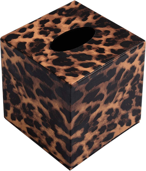 S Forever Home Decor PU Leather Cube Tissue Box Holder, Square Tissue Box Cover, Leopard