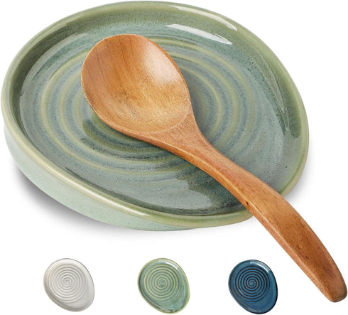 Ceramic Spoon Rest for Stove Top, Kitchen Counter Holder for Spoons, Ladles, Spatula, Glazed Green.
