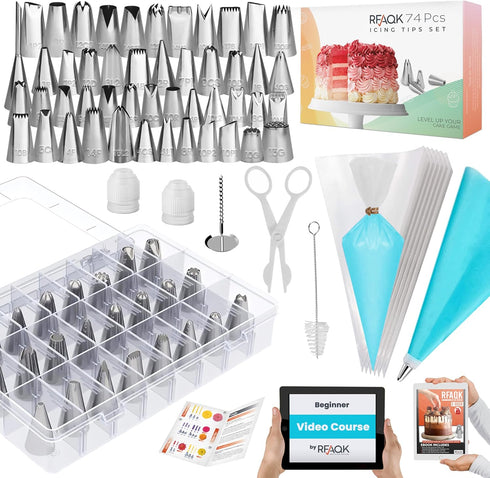 RFAQK 74 PCs Cake Decorating Kit, Icing Piping Bags and Tips Set with 48-Numbered Tips, 20+1 Pastry Bags, Booklet