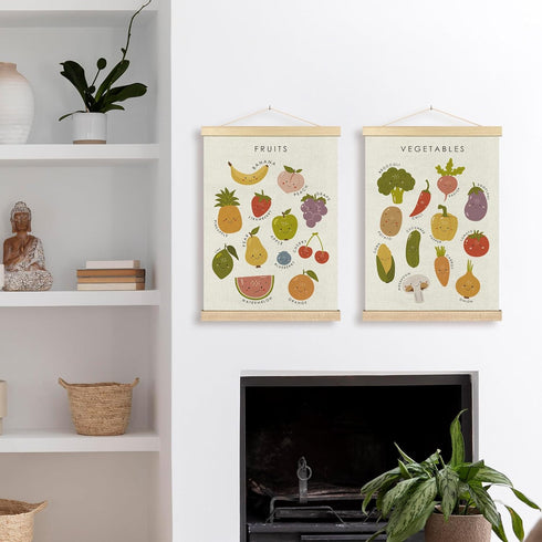 Set 2, 12x16 Inches BCUANGD Fruits Vegetables Wall Decor - Toddlers Kids Preschool Poster Hanger with Wood Frames