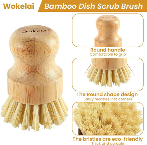 Bamboo Dish Scrub Brushes Set - Eco-Friendly Natural Cleaning Scrubbers for Dishwashing, Set of 2