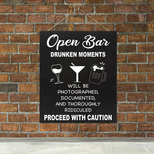JennyGems Open Bar Hanging Wood Sign | Funny Wedding Reception Decor, Drunken Moments Will Be Photographed