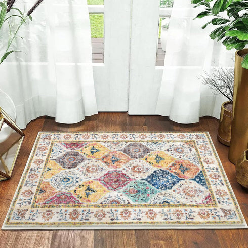 HEBE Washable Area Rug 2'x3', Non Slip Soft Distressed Medallion Bedroom Rug, Boho Living Room Accent Throw Rug