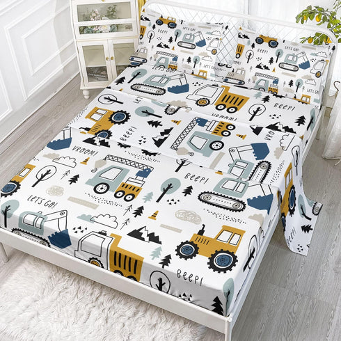 Datura home Woodland Construction Sheets Set 4Pcs for Kids,Cartoon Excavator Truck Lifter Print Sheet