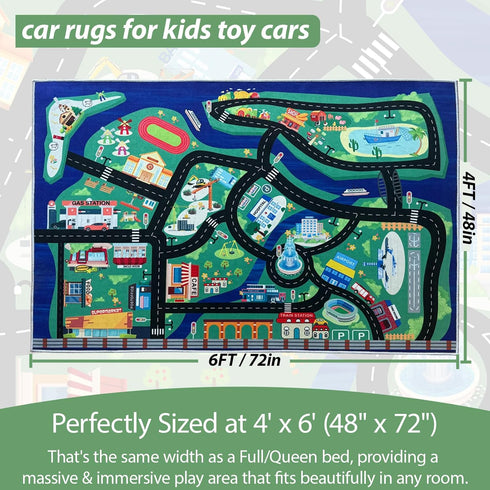 4'x6' Kids Car Rug Play Mat - City Road Map for Toy Cars, Non-Slip, Machine Washable, Educational Carpet for Playroom