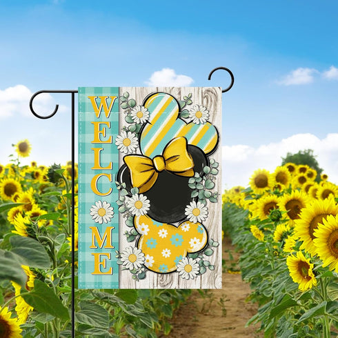 Welcome Spring Decorative Garden Flag, Daisy Flower Yellow Teal Plaid Stripes for Outdoor Home Decor