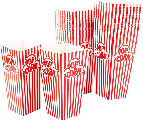 GSM Brands Popcorn Containers Boxes (100 Pack) - Striped White and Red Paper for Home Movie Theater
