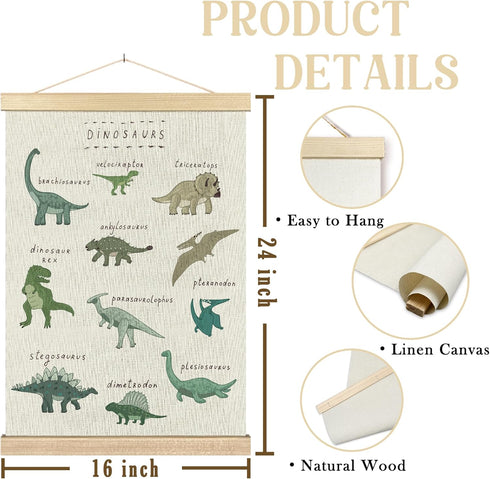 16x24 Inches BCUANGD Dinosaur Dino Wall Decor - Baby Toddler Boys Room Wall Art Poster Hanger with Wood Frames