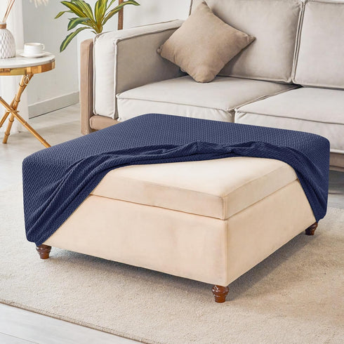 HFCNMY Stretch Knitted Jacquard Thick Washable Storage Ottoman Slipcover Foot Stool Cover with Elastic Bottom Blue