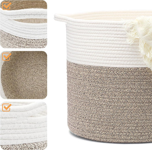 Laundry Hamper, Pure Cotton Rope Woven Basket for Dirty Clothes, 15.5 * 13.5 inches-40L White & Brown Mixed