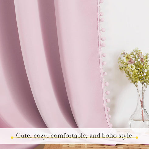 52" 84" 2 NICETOWN Pom Pom Blackout Curtains for Girls Bedroom Boho Pink Window Curtains for Nursery Rod Pocket Thermal