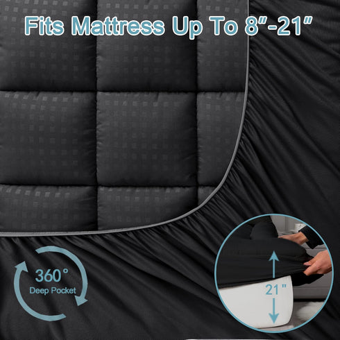 HYLEORY Quilted Queen Mattress Pad, Fitted Mattress Protector, Cooling Pillow Top Cover, Black, 8-21" Deep Pocket