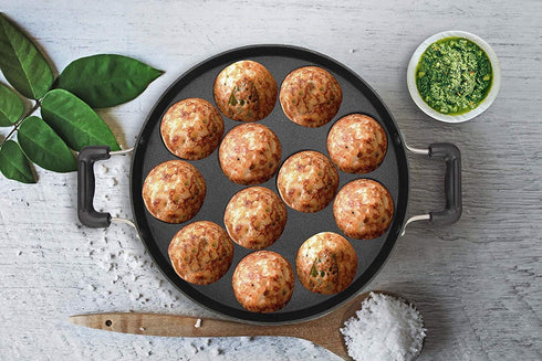 Appam Patra Paniyaram Non Stick Pan,Takoyaki or Danish Aebleskiver Filled Pancake Pastry Pan, Appam Maker Set Of 1,12 Pits with Lid by Tanish Trading