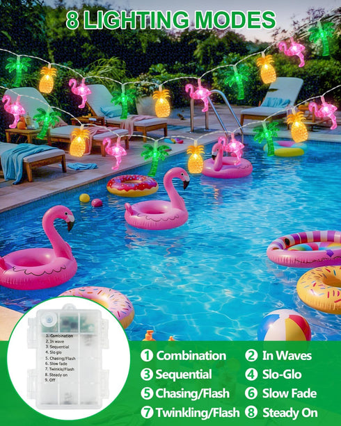 50 25ft Summer 8 LED Hawaiian Beach String Lights Outdoor with Remote, Flamingo Pineapple Palm Tree Fairy Twinkle